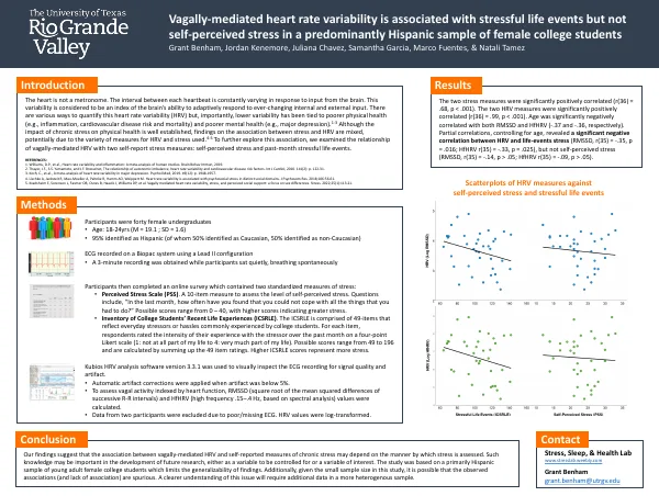 Poster thumbnail: Vagally-mediated heart rate variability is associated with stressful life events but not self-perceived stress in a predominantly Hispanic sample of female college students